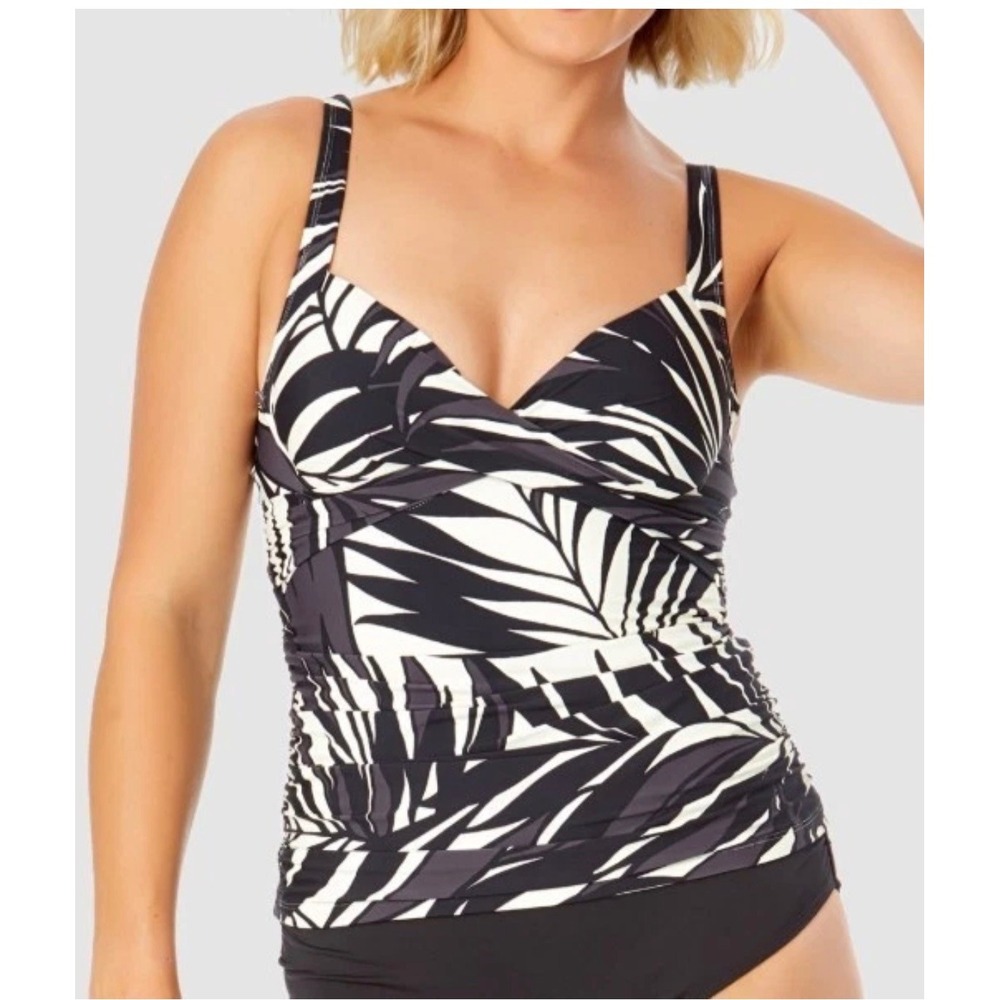 Anne Cole Women‎ Black Cream Palm Print Twist Front Tankini Top 32DD 34D NWT